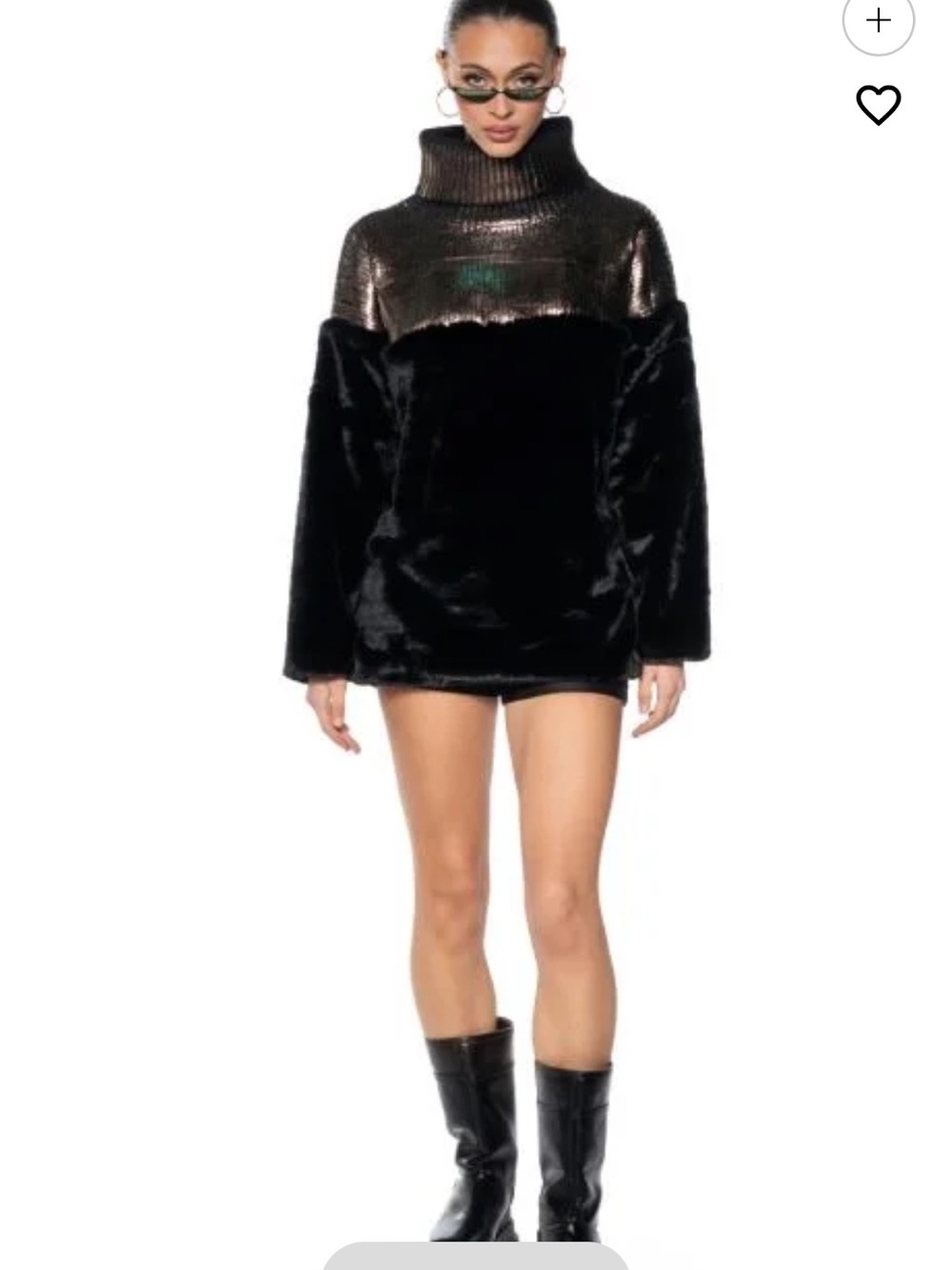 Metallic Accent Black and Brown Faux Fur Turtleneck Mini Dress - Women’s Size  S